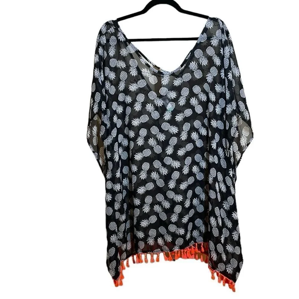 No Boundaries Pineapple Print Kaftan Shawl size XL Black & White semi sheer